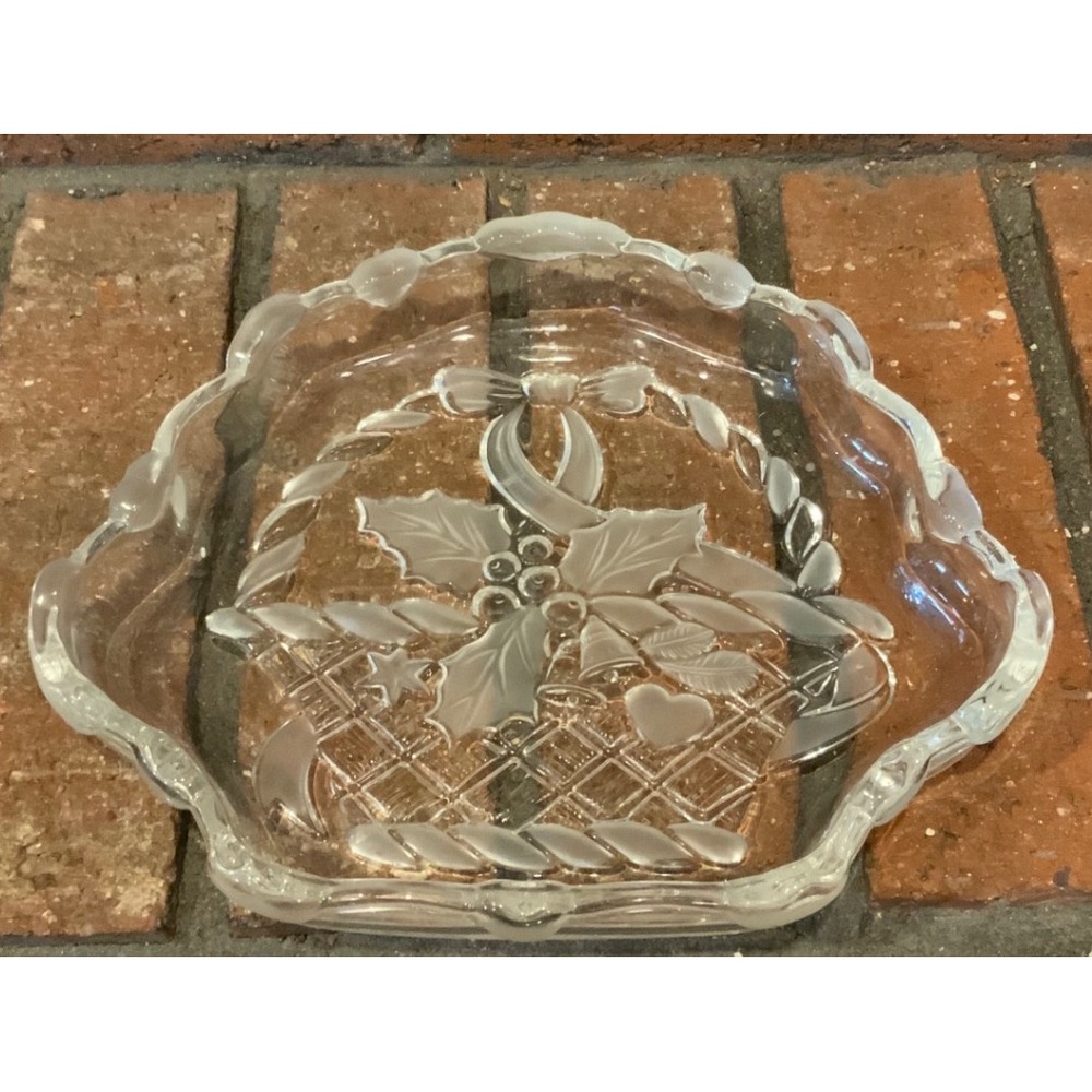 Vintage Christmas Clear Glass Candy Dish Frosted Holly Berry Basket Scalloped